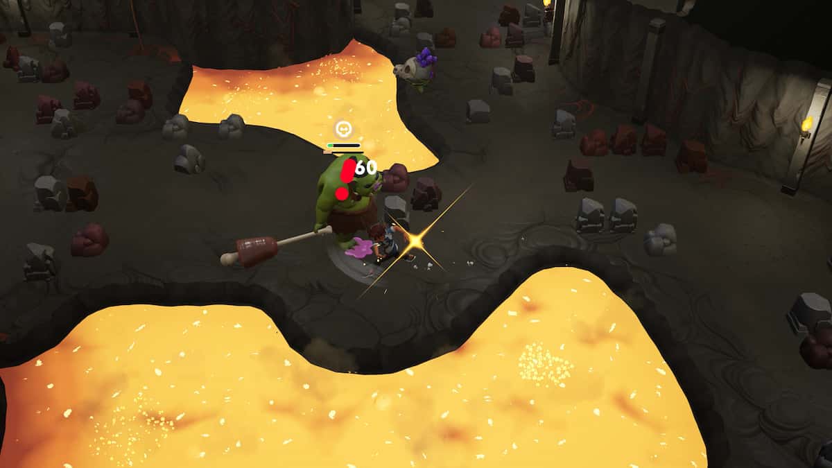 Coral Island image of a cave, lava and a character fighting a monster