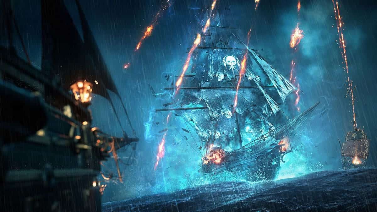 Skull and Bones image of a ship with flaming debris falling around