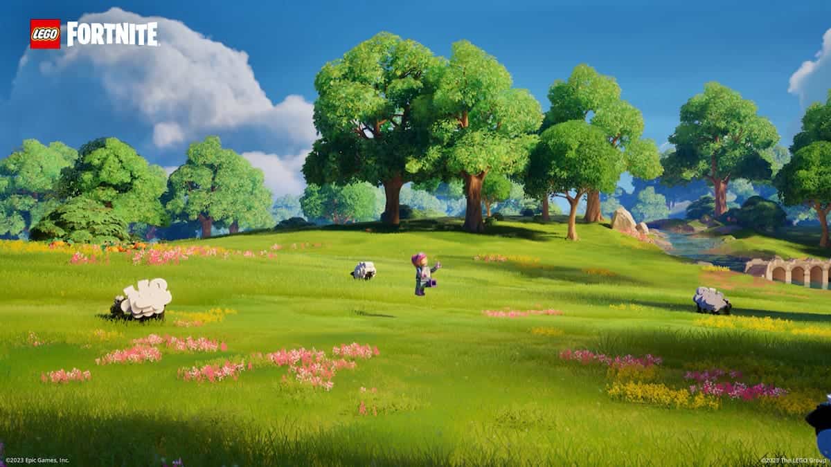 Fortnite LEGO image of a character in a field with sheep