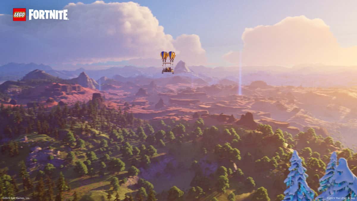 Fortnite LEGO screenshot of a balloon flying over a forest