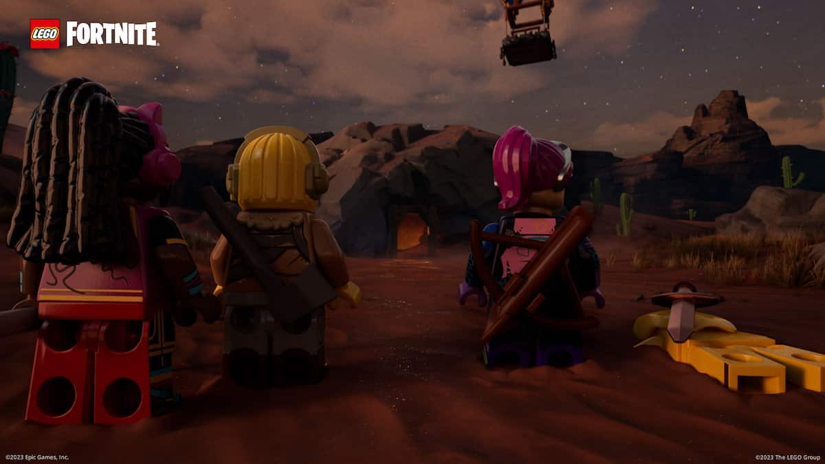 Fortnite LEGO image of characters in front of a cave