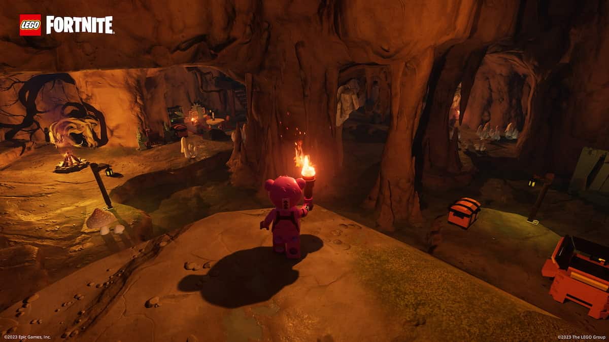 Fortnite LEGO screenshot of a cave with knotroot