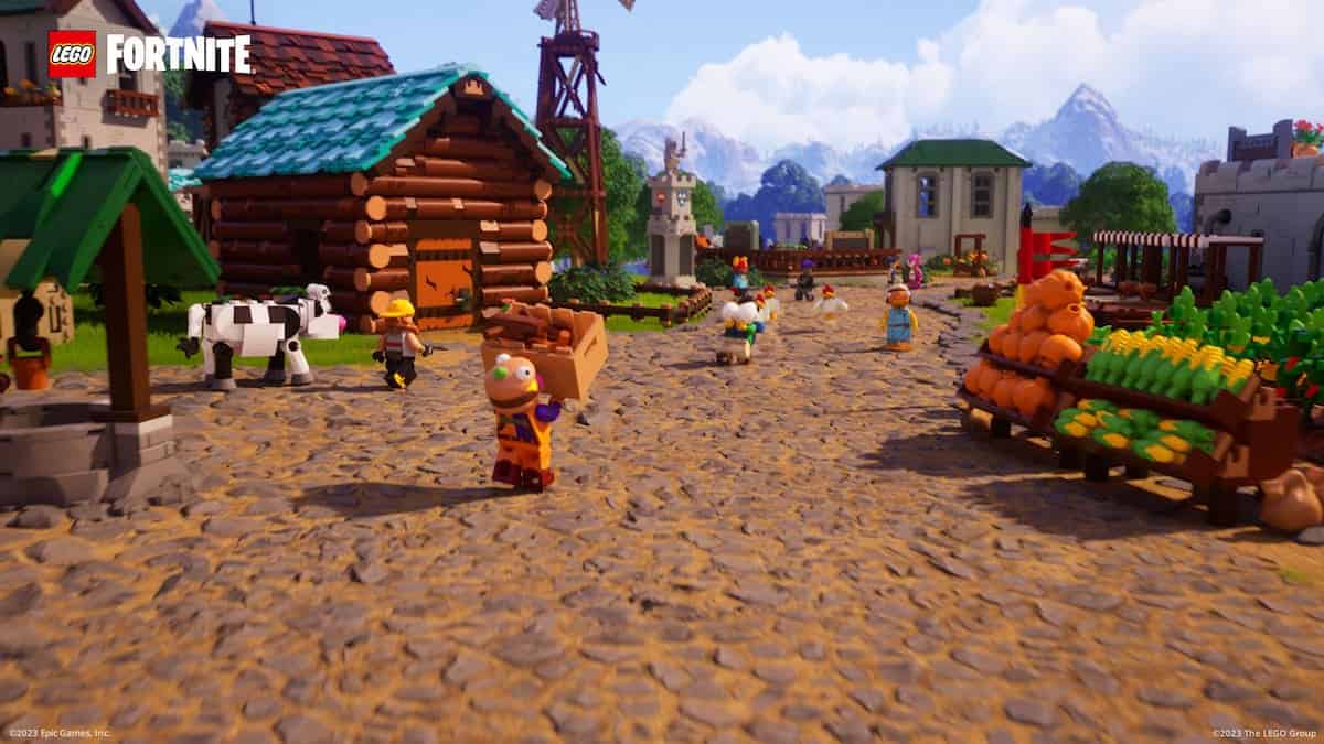 Fortnite LEGO screenshot of an active village