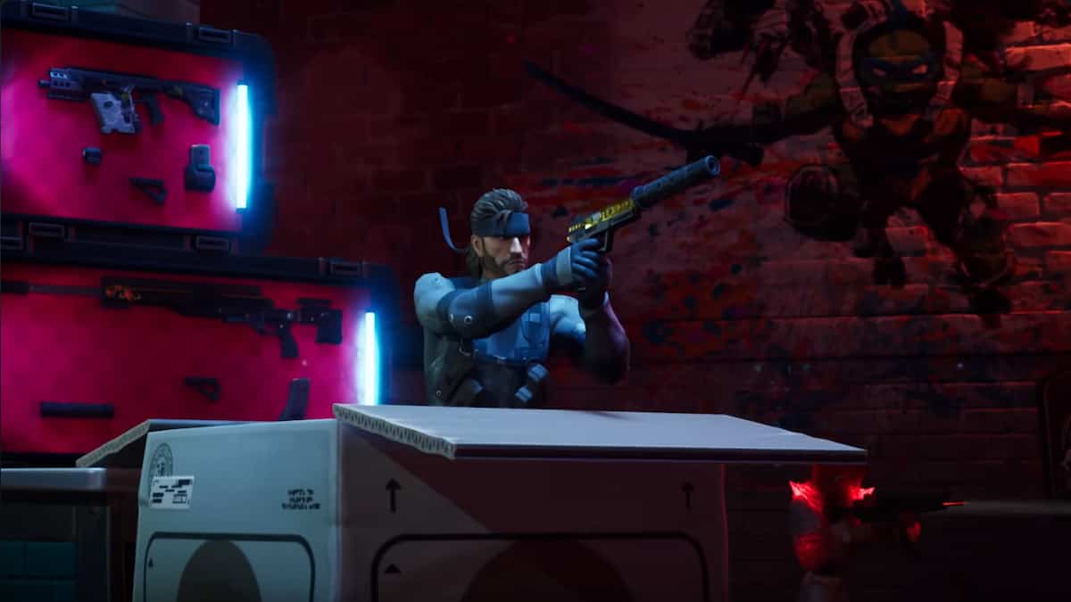 Fortnite screenshot from a trailer, character shooting, ninja turtles graffiti in the background