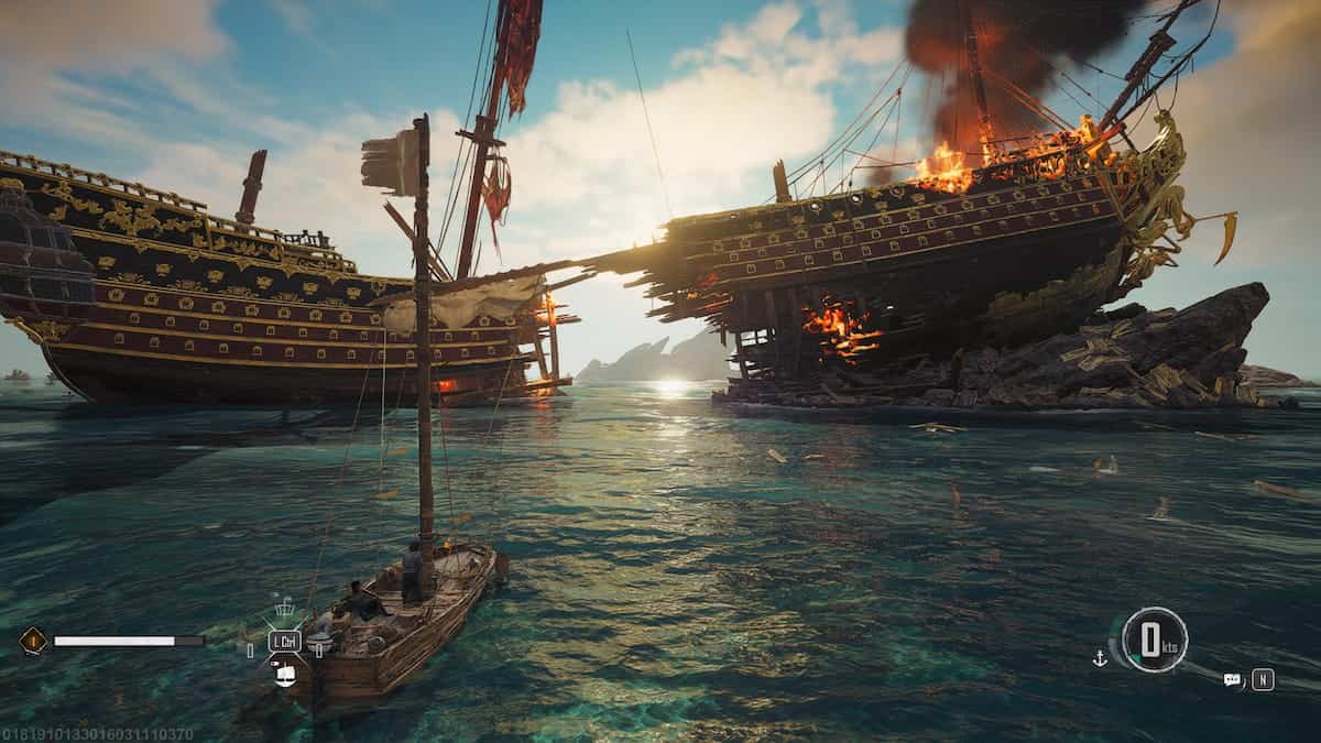 Skull and Bones screenshot of the first mission and a broken ship