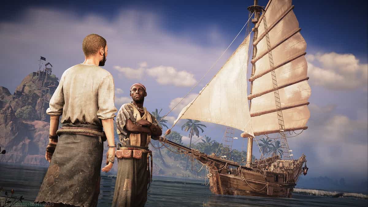 Skull and Bones screenshot of two characters standing in front of a ship