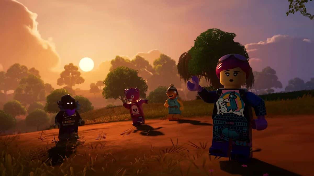 LEGO characters explore a world at sunset in LEGO Fortnite