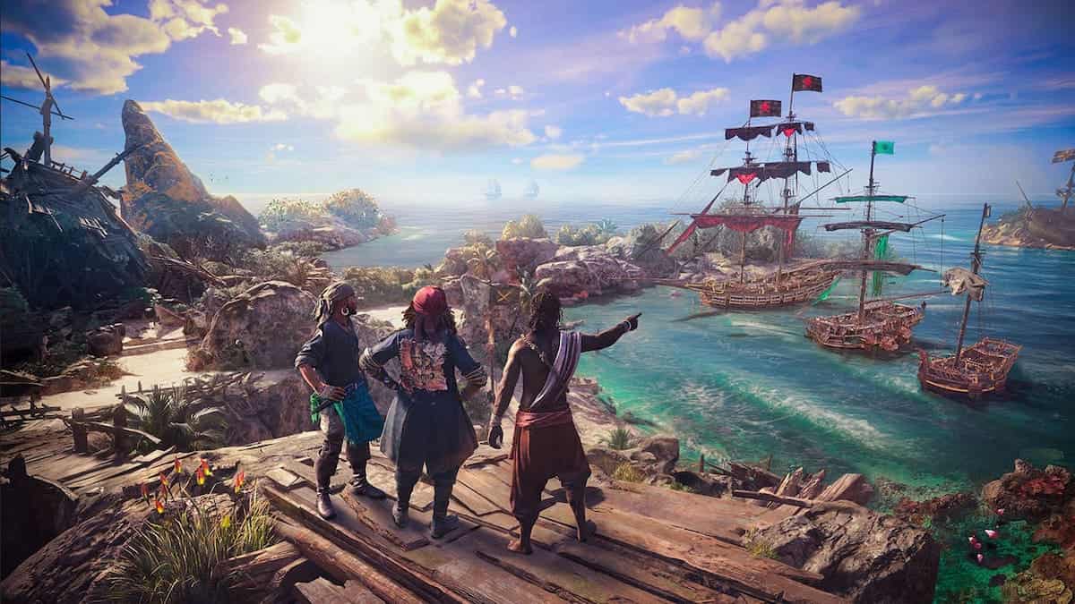 Skull and Bones image of three characters looking at three ships