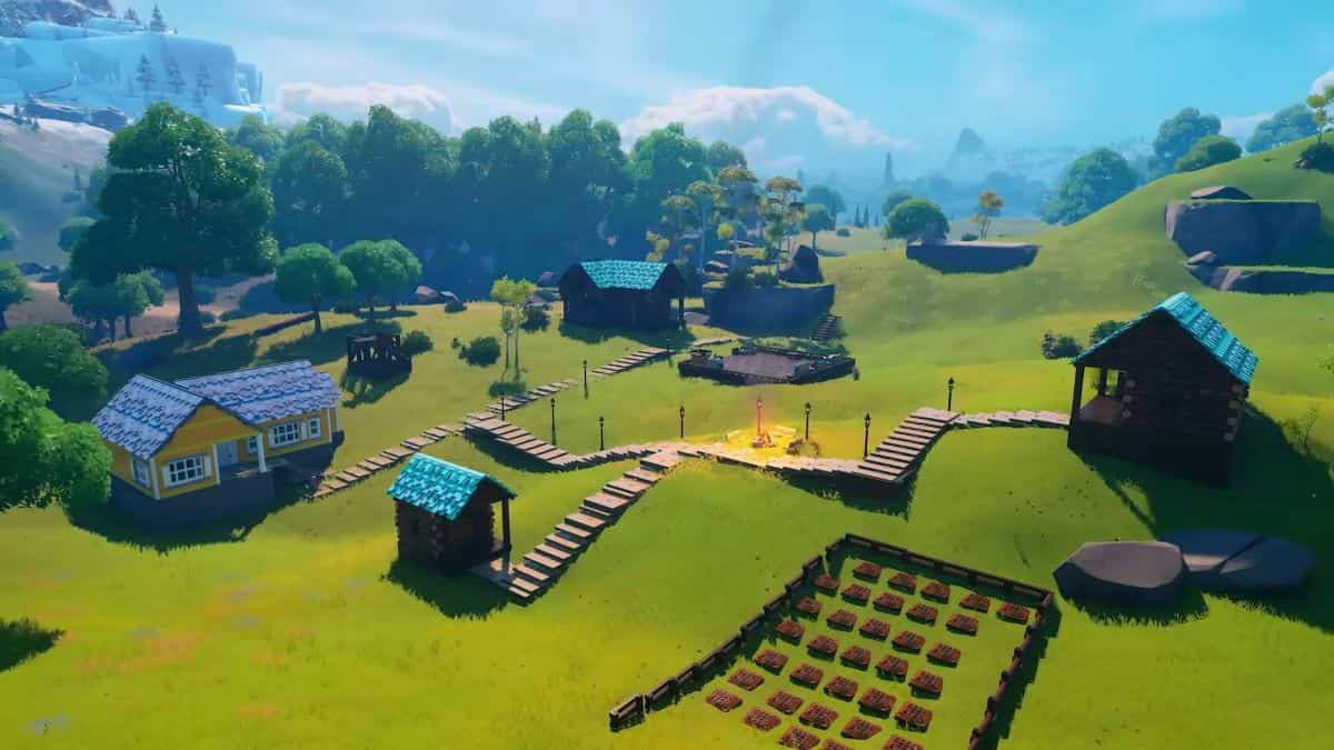 Overhead view of an established village in LEGO Fortnite