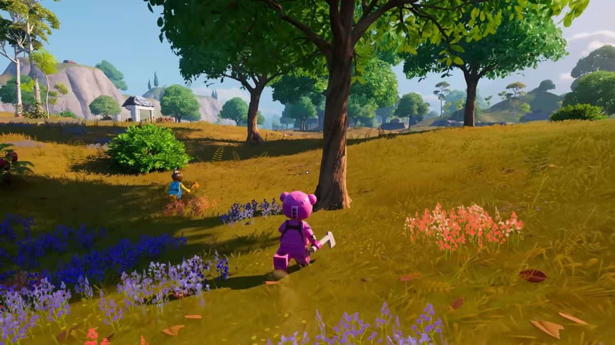 Player targets a tree to chop wood in LEGO Fortnite