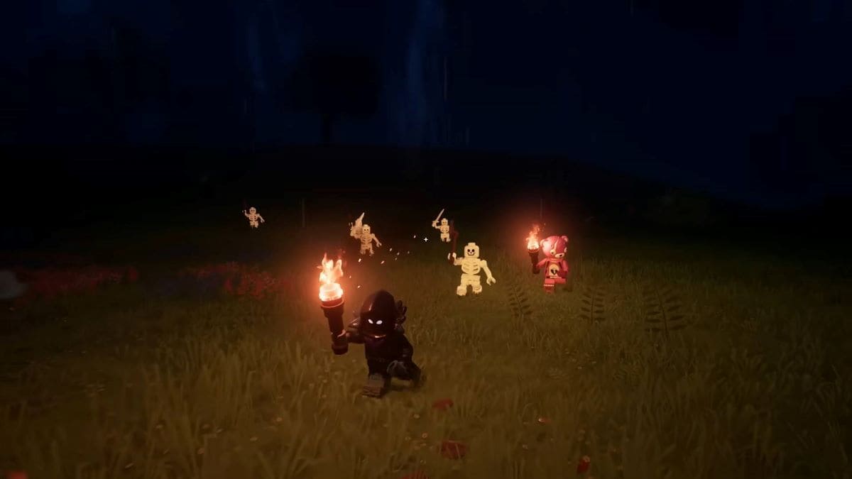 LEGO Fortnite characters run from skeleton enemies at night