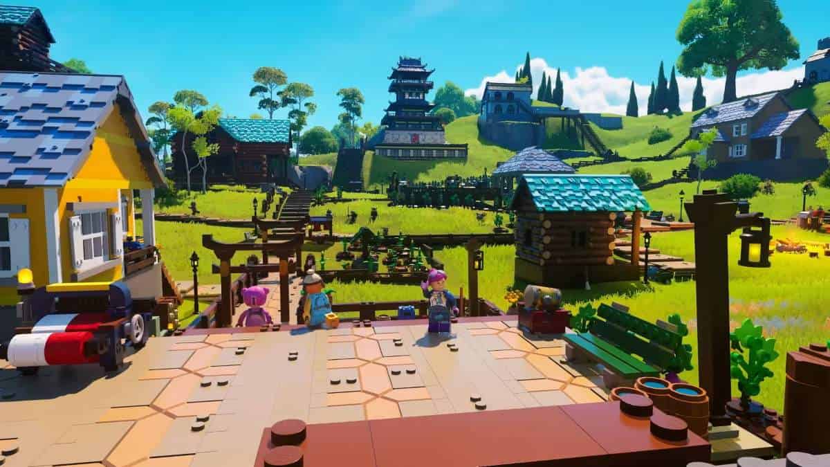 LEGO characters exploring their village in LEGO Fortnite