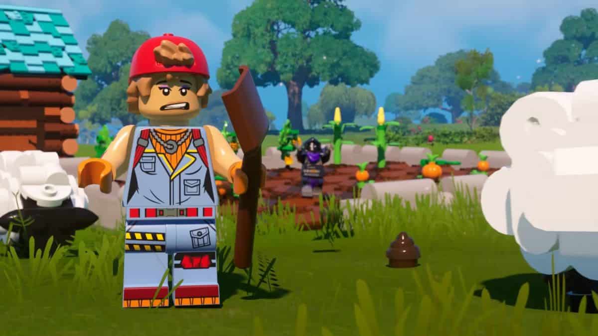 Player collects fertilizer from sheep on farm in LEGO Forntite