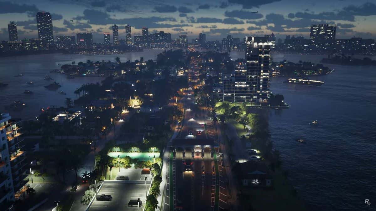 Vice City from overhead view at night in GTA 6