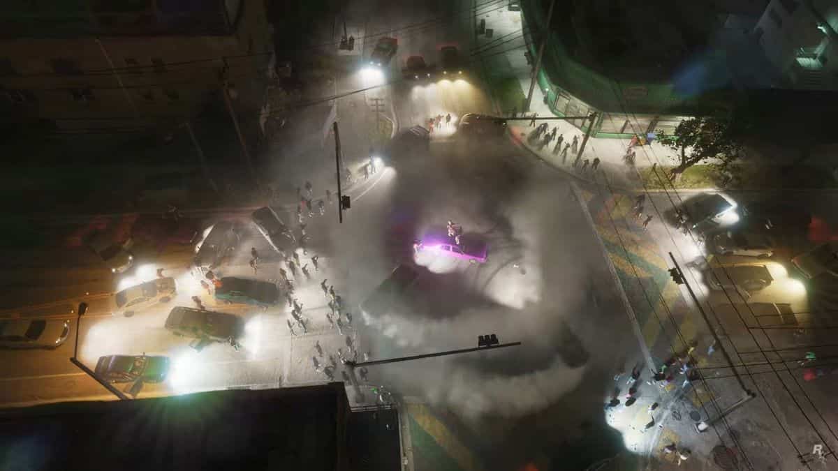 Cars spin out at an intersection at night in GTA 6