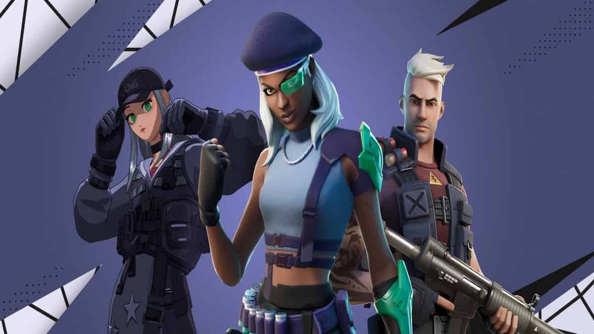 Fortnite image of three characters in front of a grey background