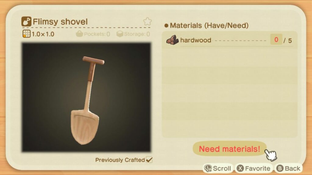 Flimsy Shovel recipe outlined in Animal Crossing: New Horizons