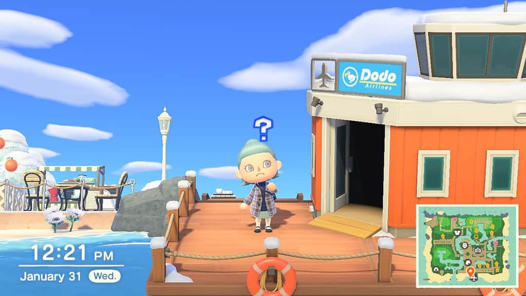 Player stands at the airport in Animal Crossing: New Horizons