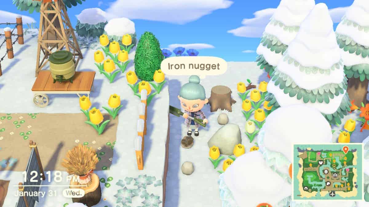 Player inspects an iron nugget in Animal Crossing: New Horizons