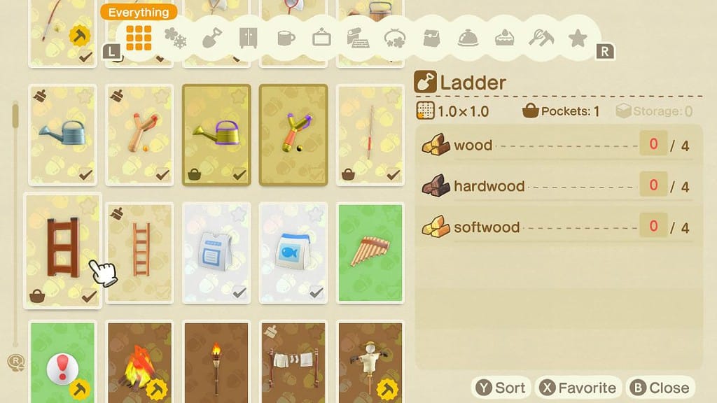 Ladder crafting recipe outlined in Animal Crossing New: Horizons