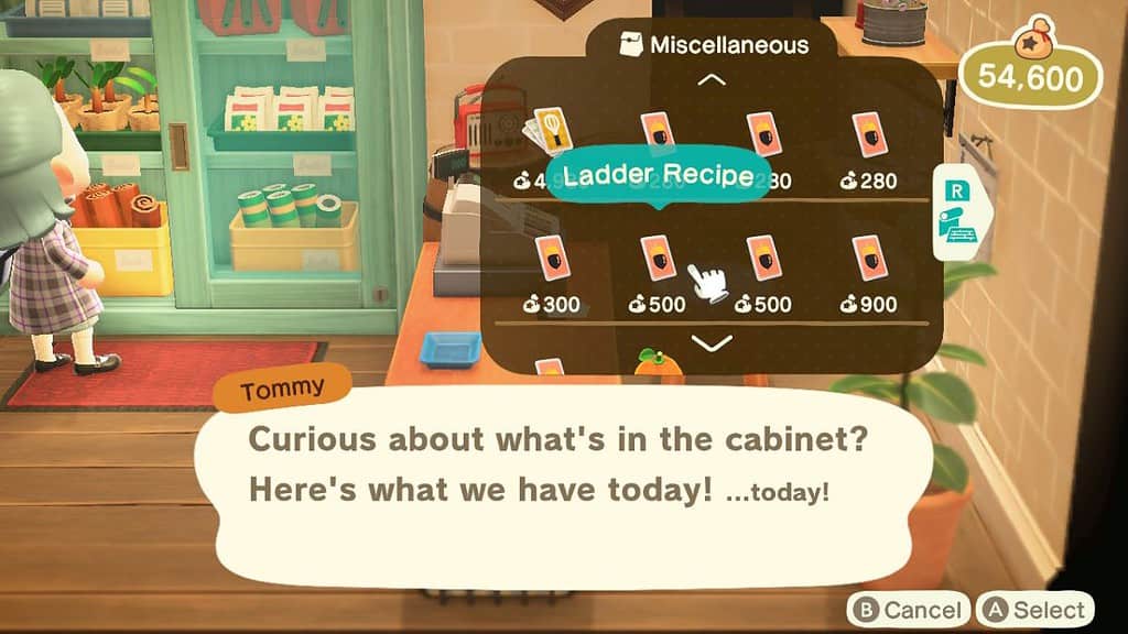 Ladder recipe for sale at Nook's Cranny in Animal Crossing: New Horizons