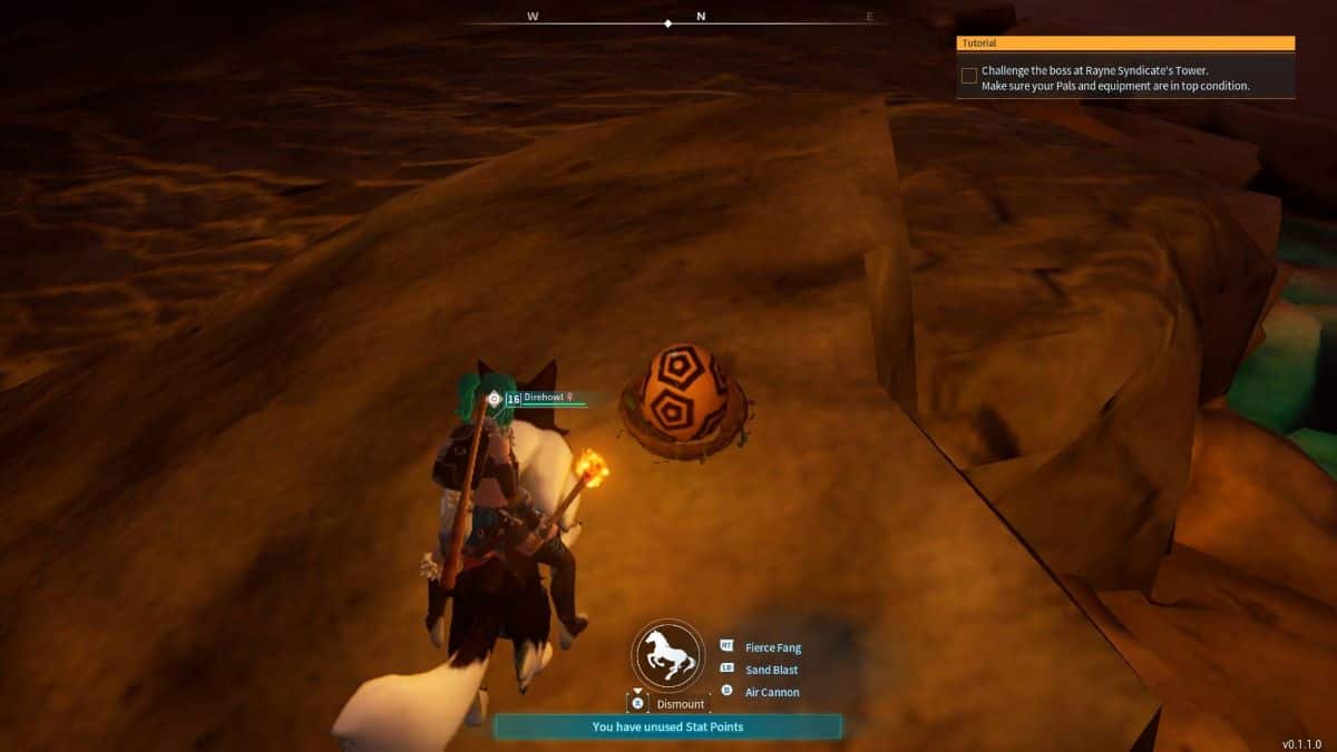 Player and Direhowl find a Rocky Egg on a cliff in Palworld