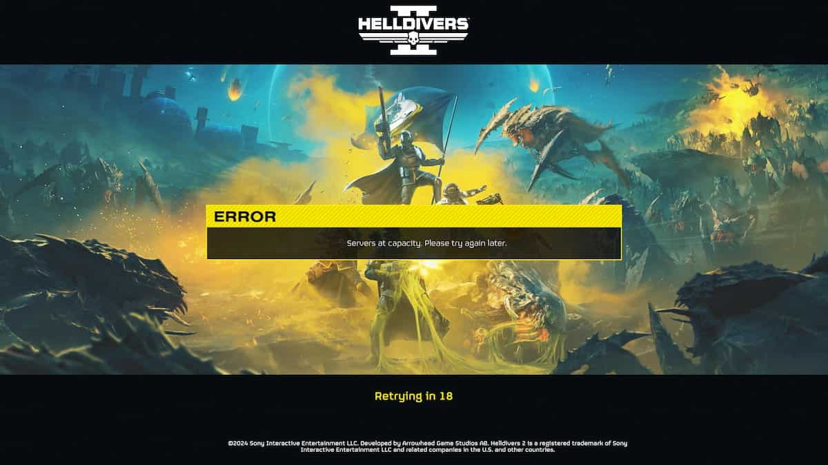 Helldivers 2 image of a loading screen with "servers at capacity" error message