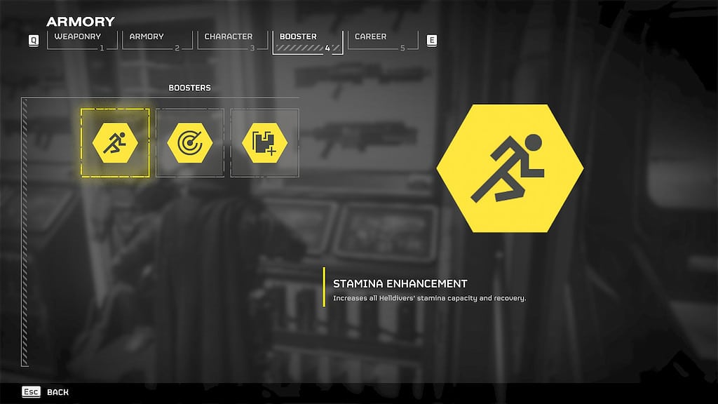 Helldivers 2 image of the Booster screen, with Stamina Enhancement selected