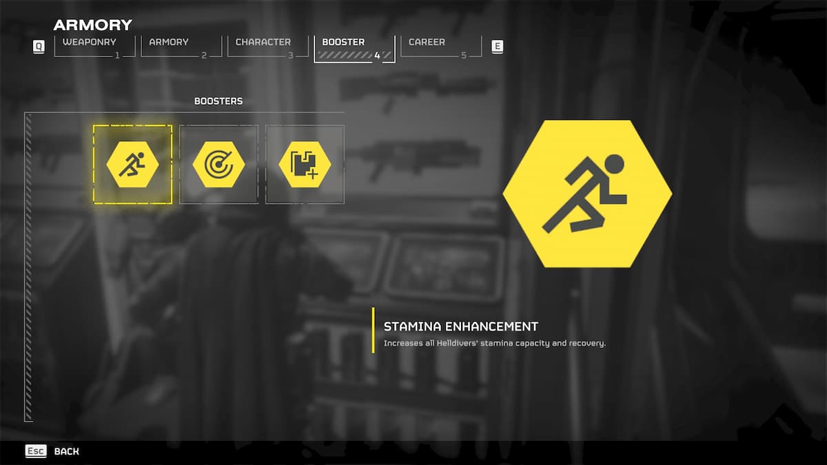 Helldivers 2 image of the Booster screen, with Stamina Enhancement selected
