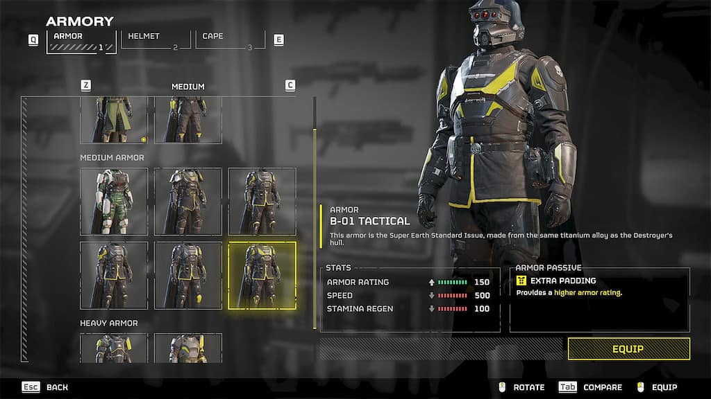 Helldivers 2 screenshot of the Armor screen in the Armory section