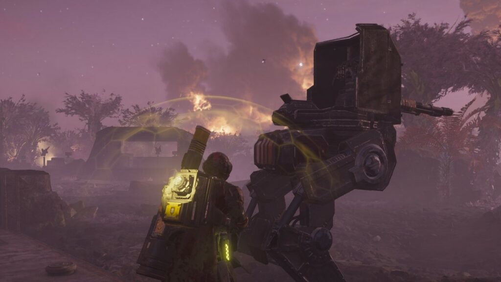 Helldivers 2 image of a Helldiver in front of a Scout Strider with no pilot