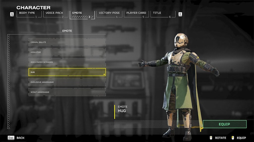 Helldivers 2 Hug Emote selected in the Armory