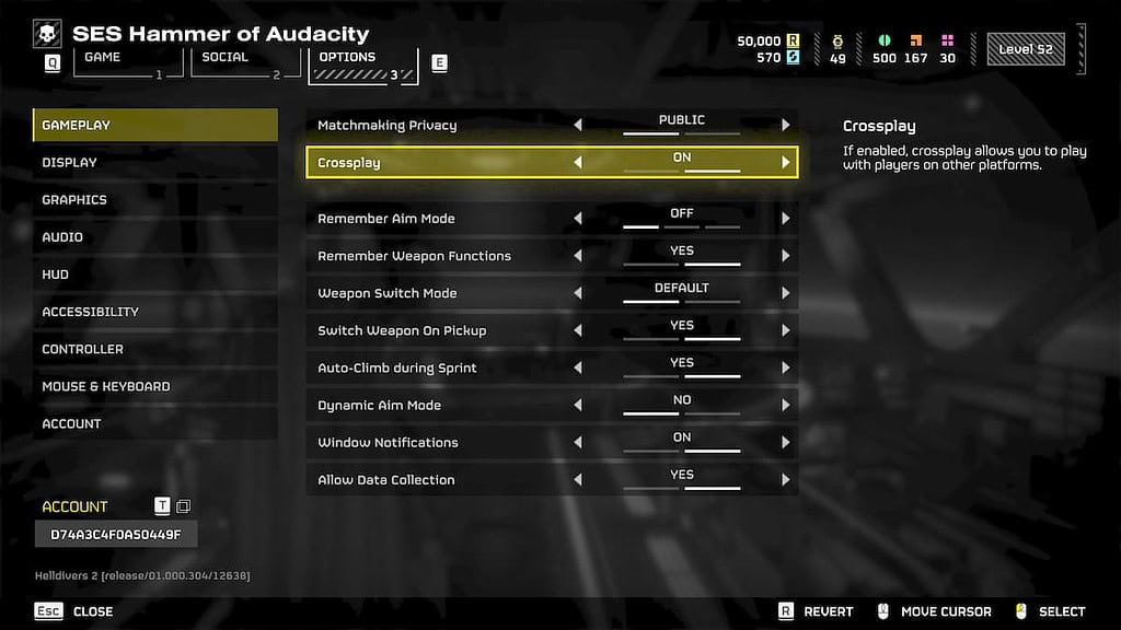 Helldivers 2 image of the Options screen with Crossplay highlighted