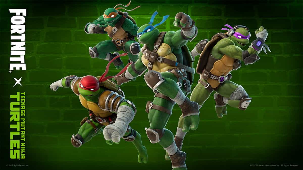 Fortnite image of Ninja Turtles in front of a green wall