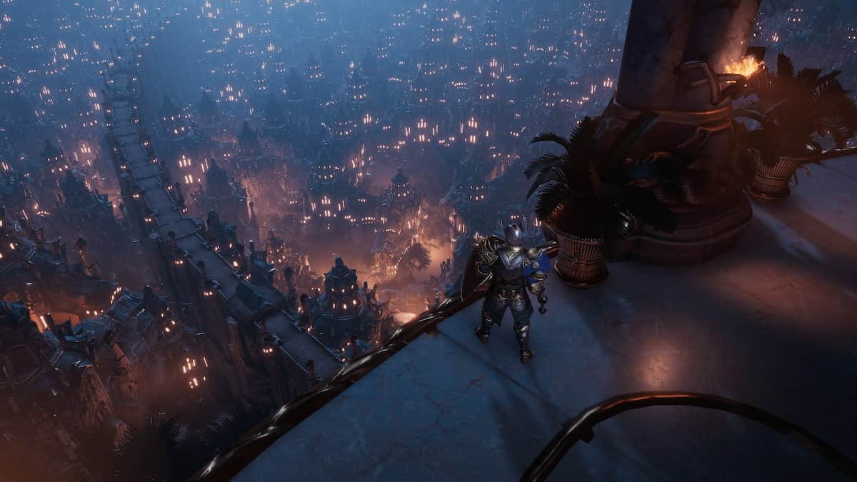 Last Epoch Screenshot of a character overlooking the panorama of the city during a game