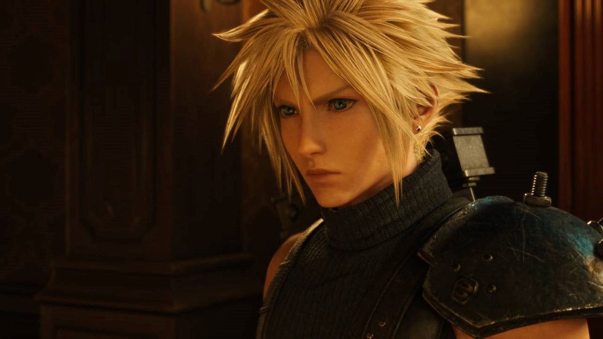 Close-up shot of Cloud in Final Fantasy 7 Rebirth