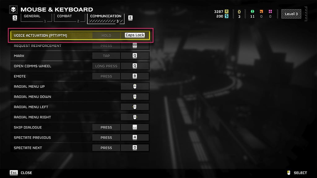 Image of the Push-to-Talk key bind setup in Helldivers 2.