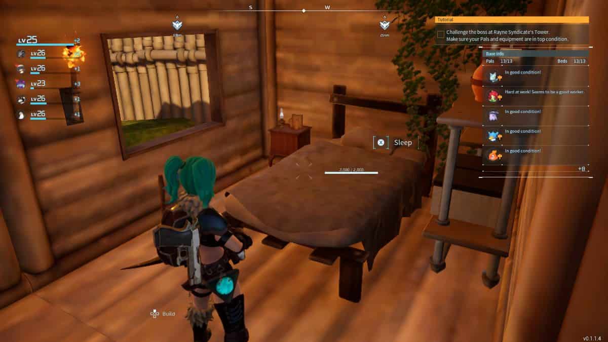 Player stands at the foot of a bed in Palworld