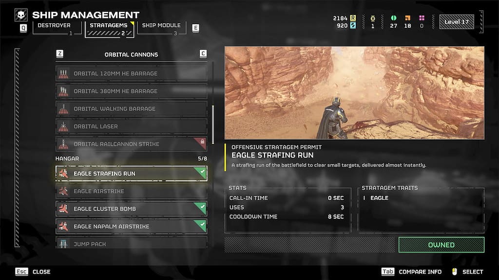 Helldiver 2 screenshot of the Stratagem purchase screen with the Eagle Strafing Run seleceted