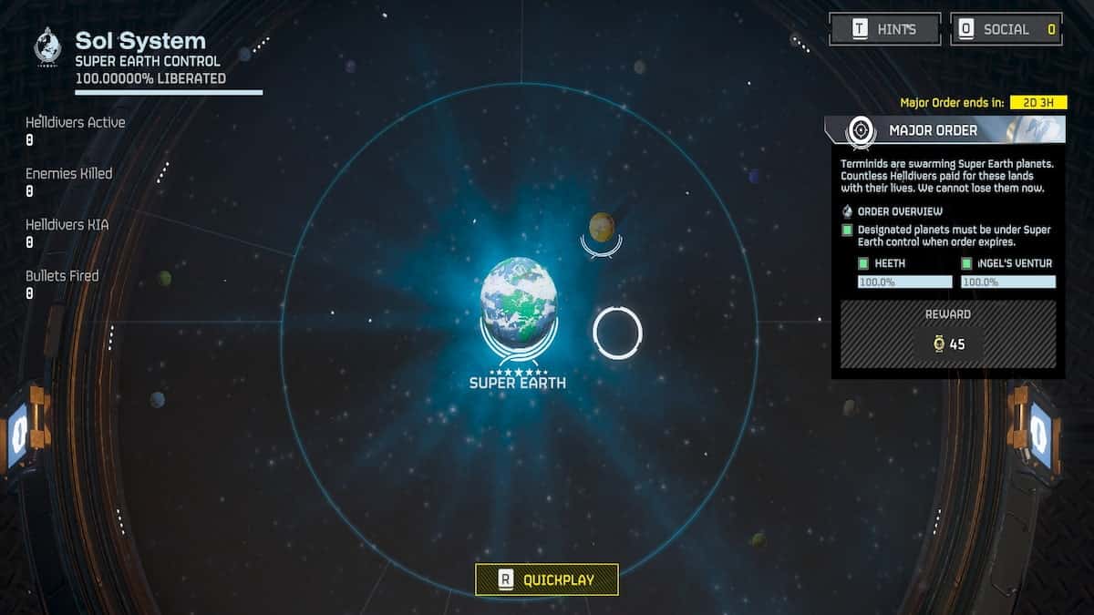 Helldivers 2 screenshot of Super Earth and Major Order screen