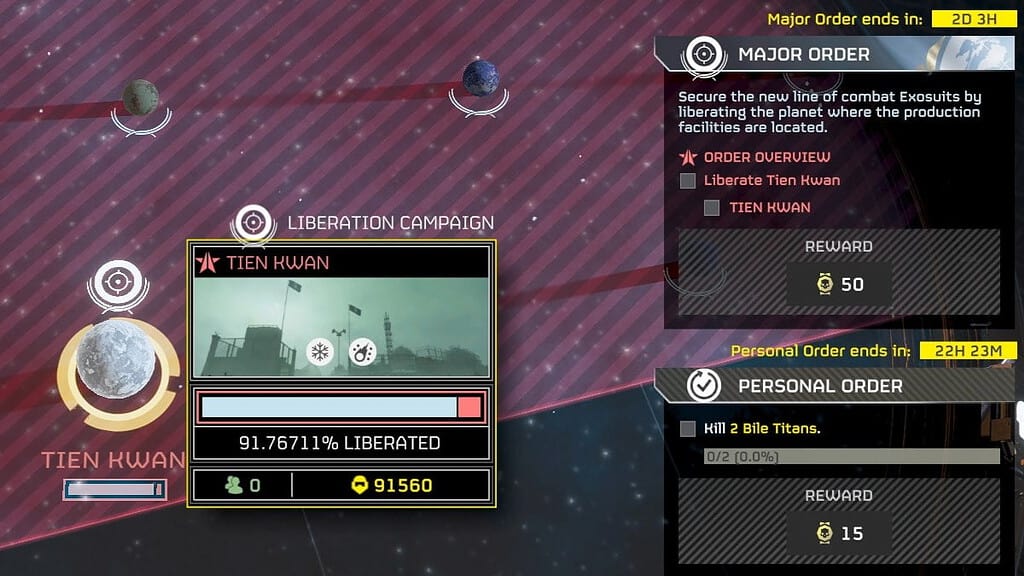 Helldivers 2 screenshot of the Galactic War table with Tien Kwen selected