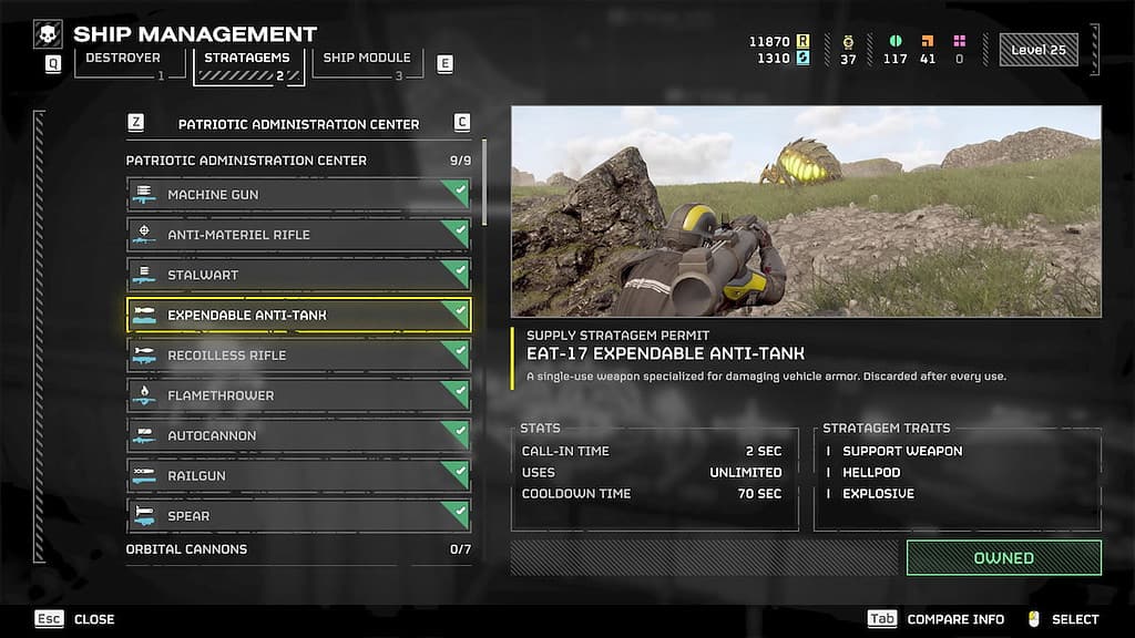 Helldivers 2 screenshot of the Stratagem screen and the Expendable Anti-Tank selected