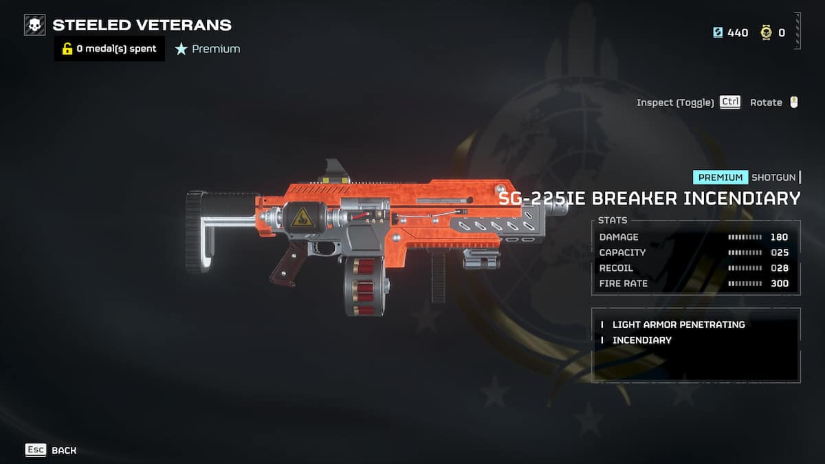 Helldivers 2 close up of the SG-225IE Breaker Incendiary shotgun