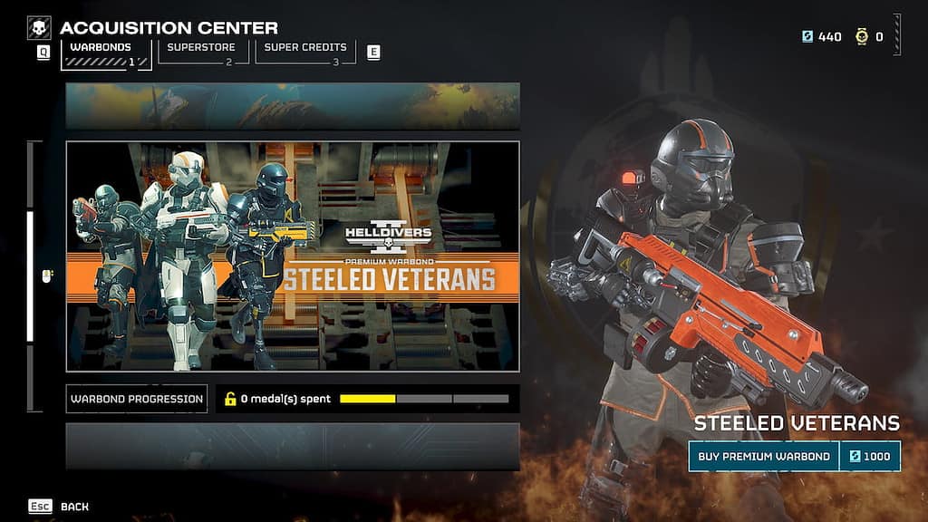 Helldivers 2 screenshot of the Axquisitions screen with Steeled Veterans Warbond selected