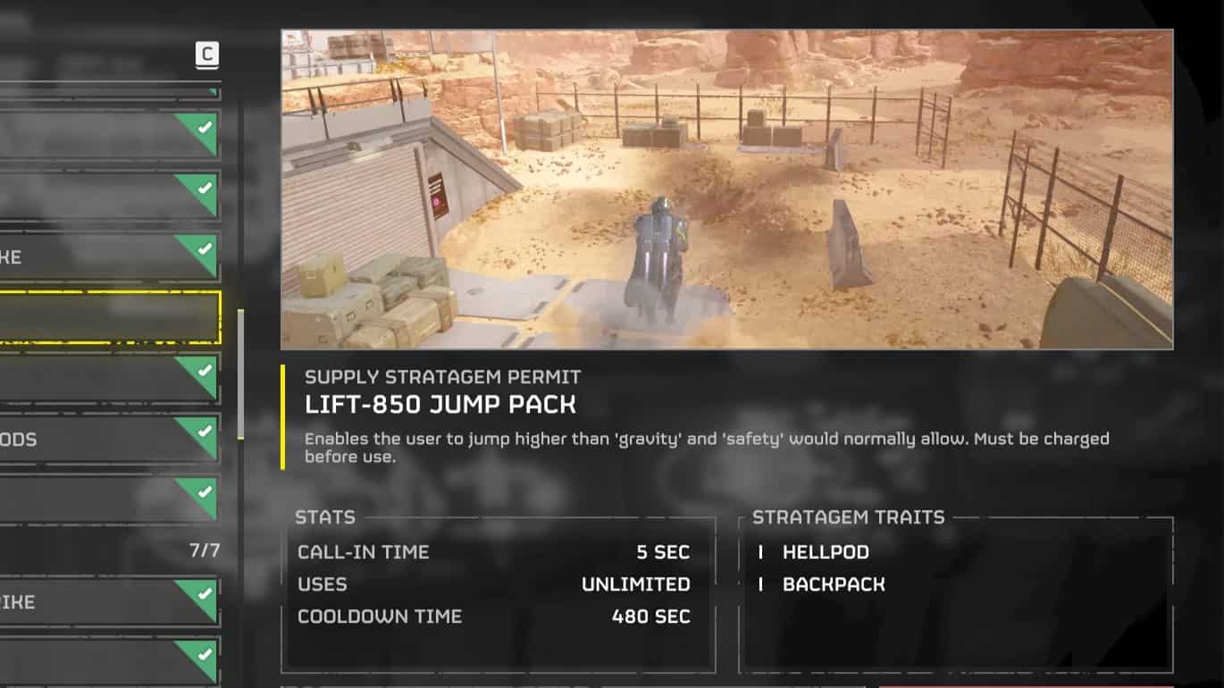 Helldivers 2 screenshot of the Jump Pack in the Stratagems tab
