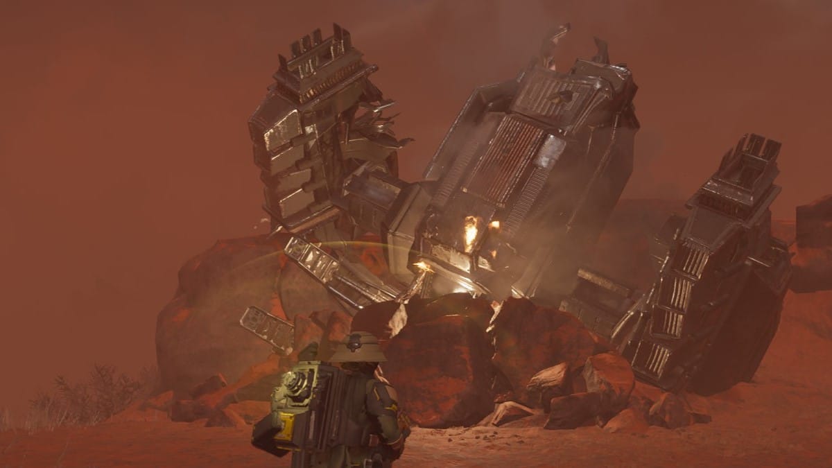 Helldivers 2 screenshot of a downed Dropship