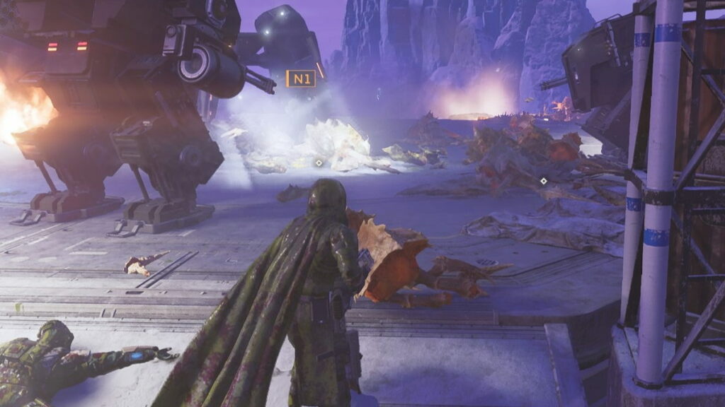 Helldivers 2 player holding a Sickle next to an Exosuit