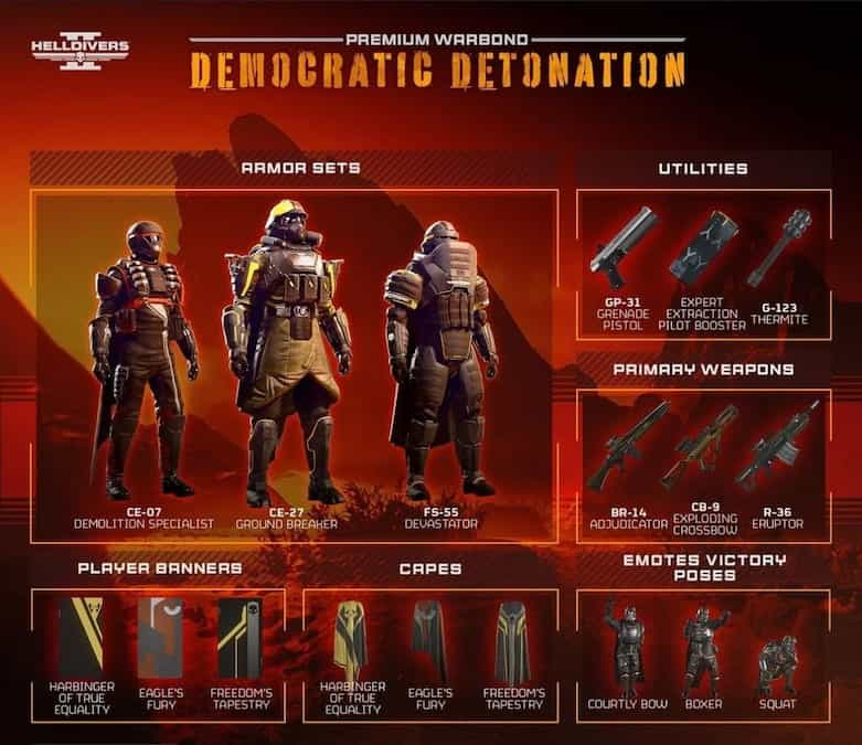 Helldivers 2 image of the contents of the new Democratic Detonation Warbond