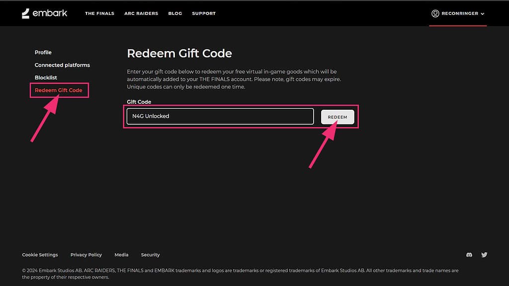 Image of the gift code redeem screen for The Finals.