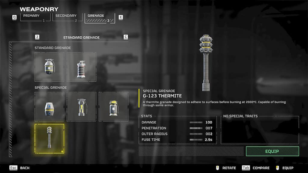 Helldivers 2 image of the Thermite Grenade in the Armory screen